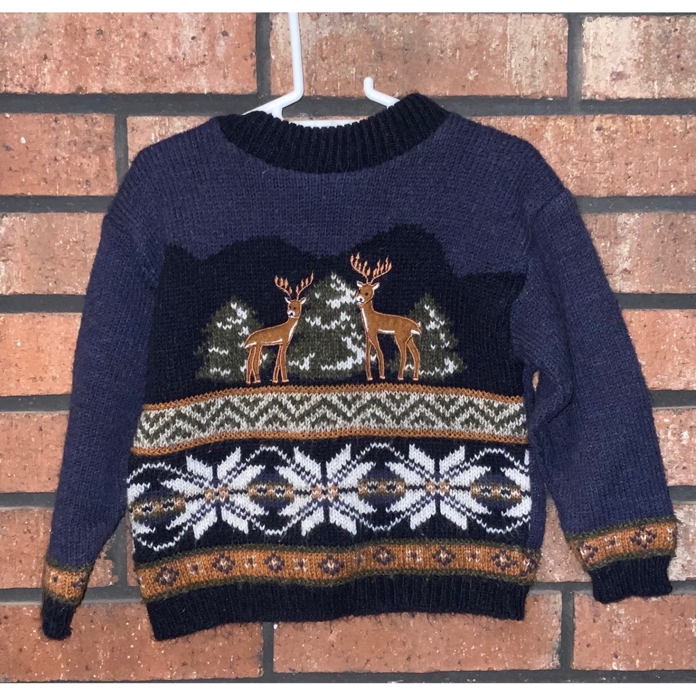 Vintage Baby Togs Deer Nature Fair Isle‎ Knit Sweater Navy Blue Size 2T